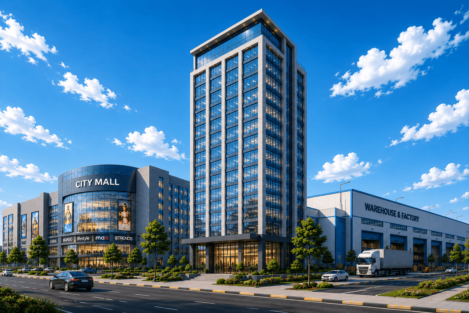 Commercial spaces — office tower, city mall and warehouse
