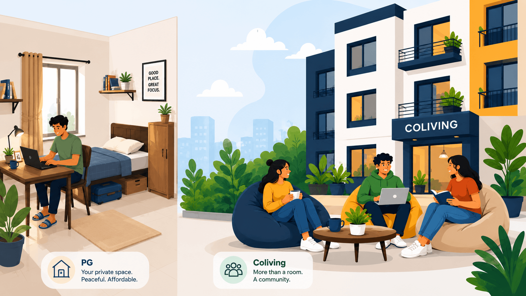 A private PG room and a co-living community space